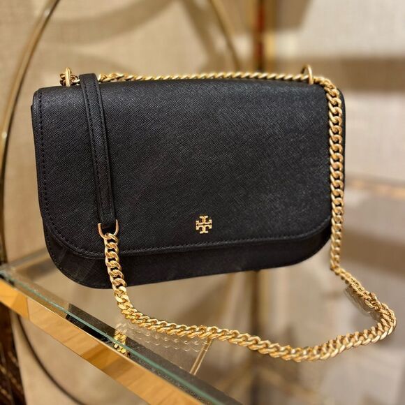Tory Burch Emerson E/W Flap‎ Adjustable Shoulder Bag, Black, Style 147214, $498 - Picture 1 of 6